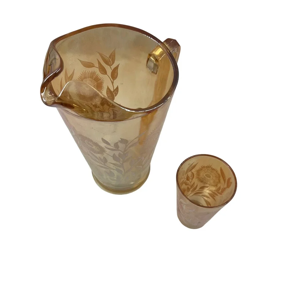 Vintage Pitcher‎ & Cup Glass Etched Floral Greenery Iridescent MidCentury Modern